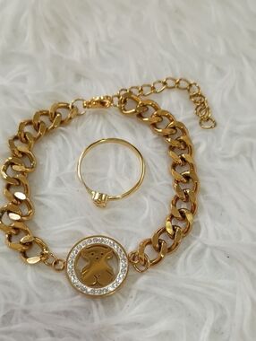 Tous Gold Bunny Charm Bracelet with Crystal Halo and Matching Ring